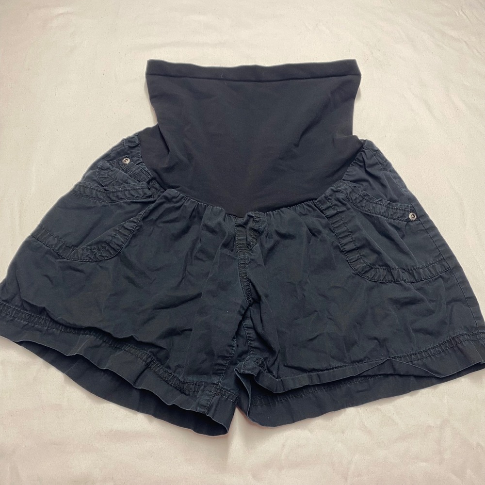 Motherhood Maternity Black Cargo Shorts Full Belly Panel Cotton Size L 95619